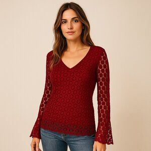 Bill Blass Vintage Red Lace V Neck Long Sleeve Boho Retro Y2K Fitted Top Size M